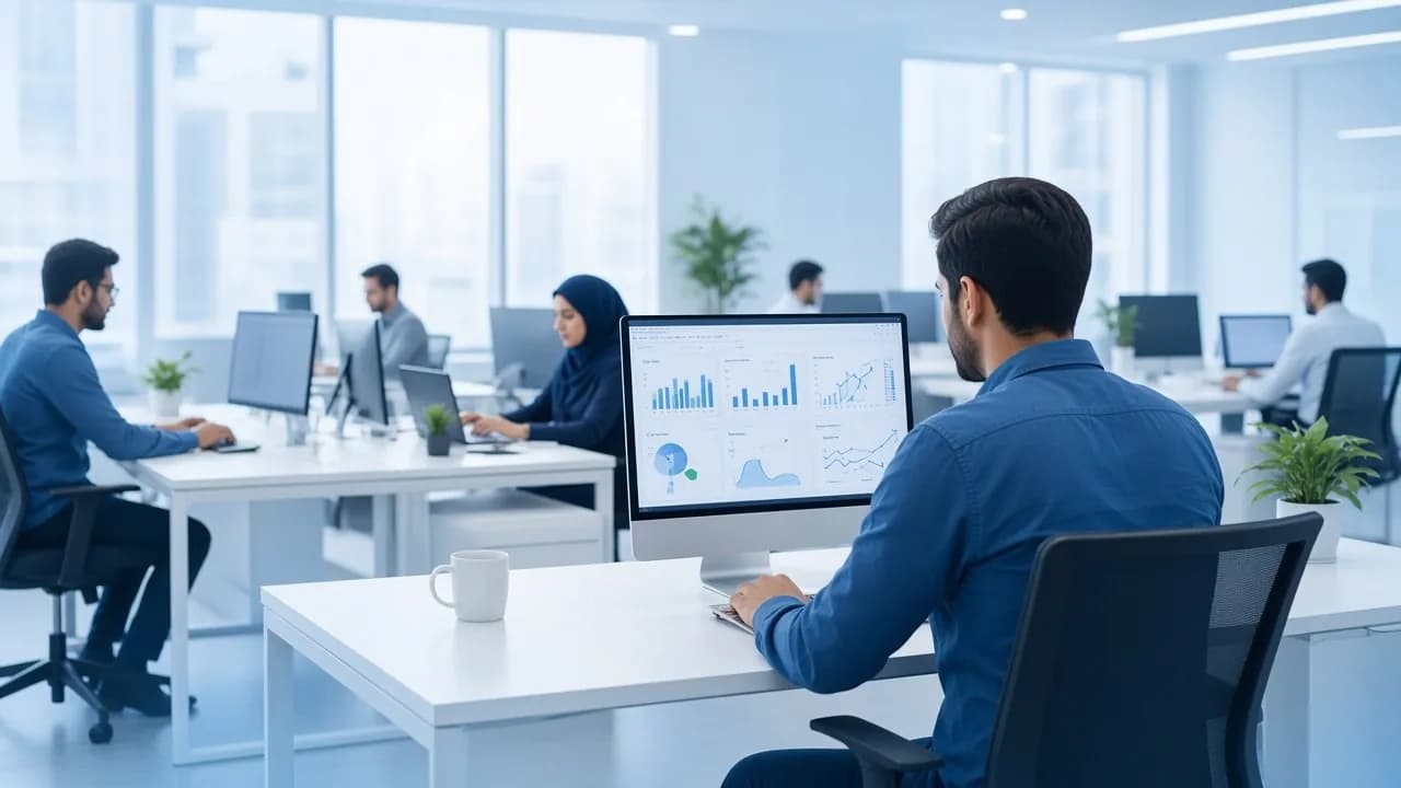 کارکنان در یک دفتر باز در حال کار با رایانه‌ها