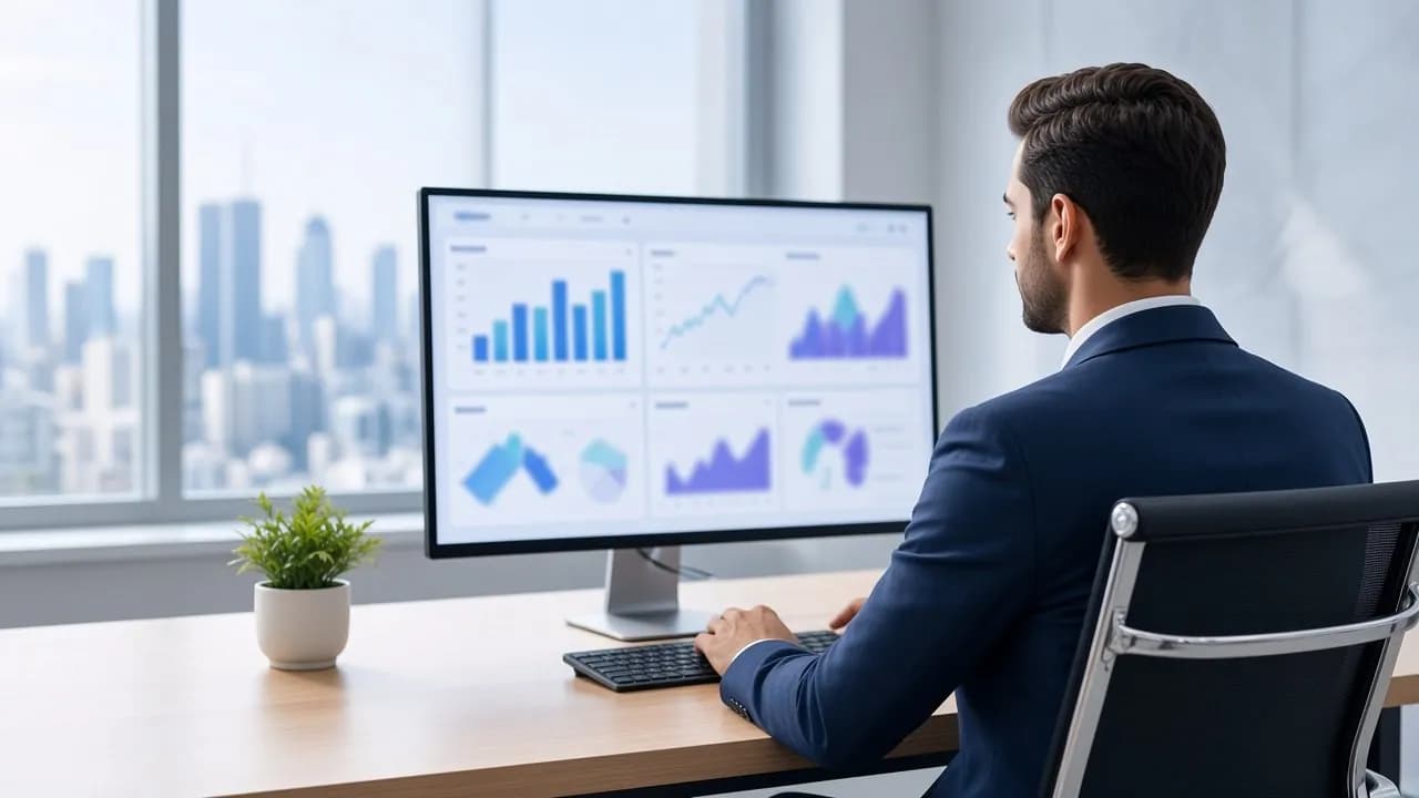 مدیر در حال بررسی نمودارهای وضعیت روی مانیتور